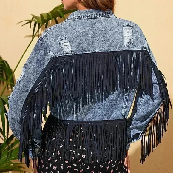 Multicolor Casual Womens Fringe Trim Denim Jacket - Picture 4 of 5